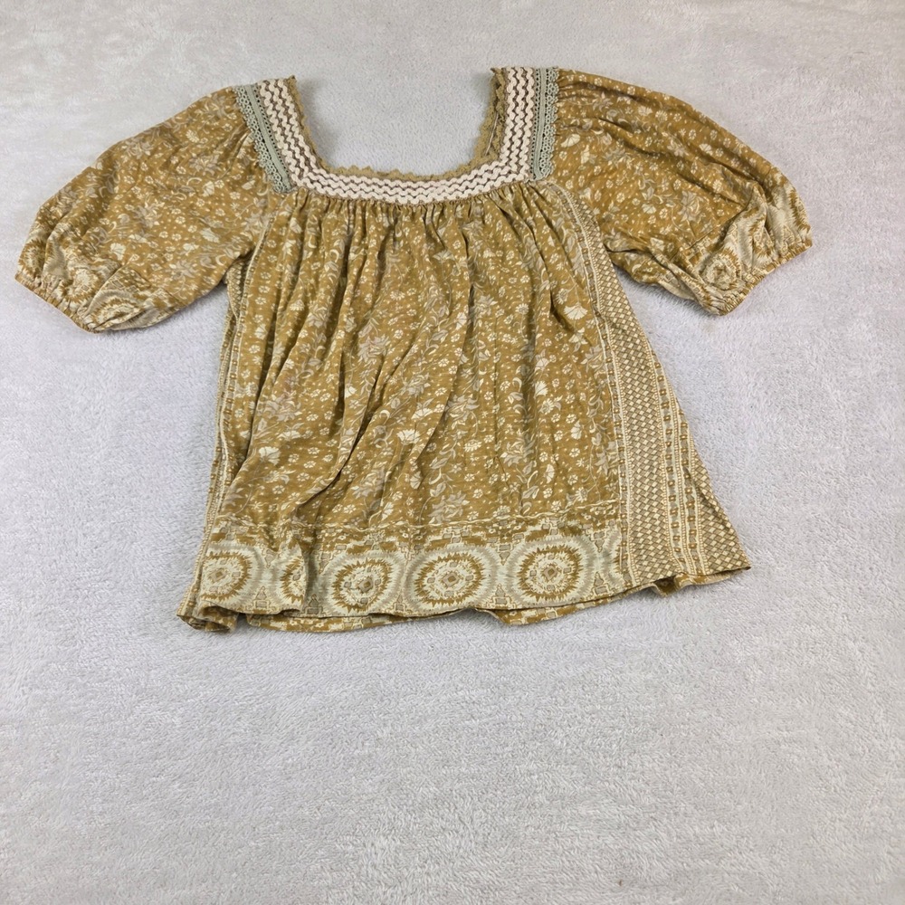 Rachel Zoe Mustard Yellow Floral Crochet Trim Puff Sleeve Peasant Blouse Size M - Picture 4 of 6